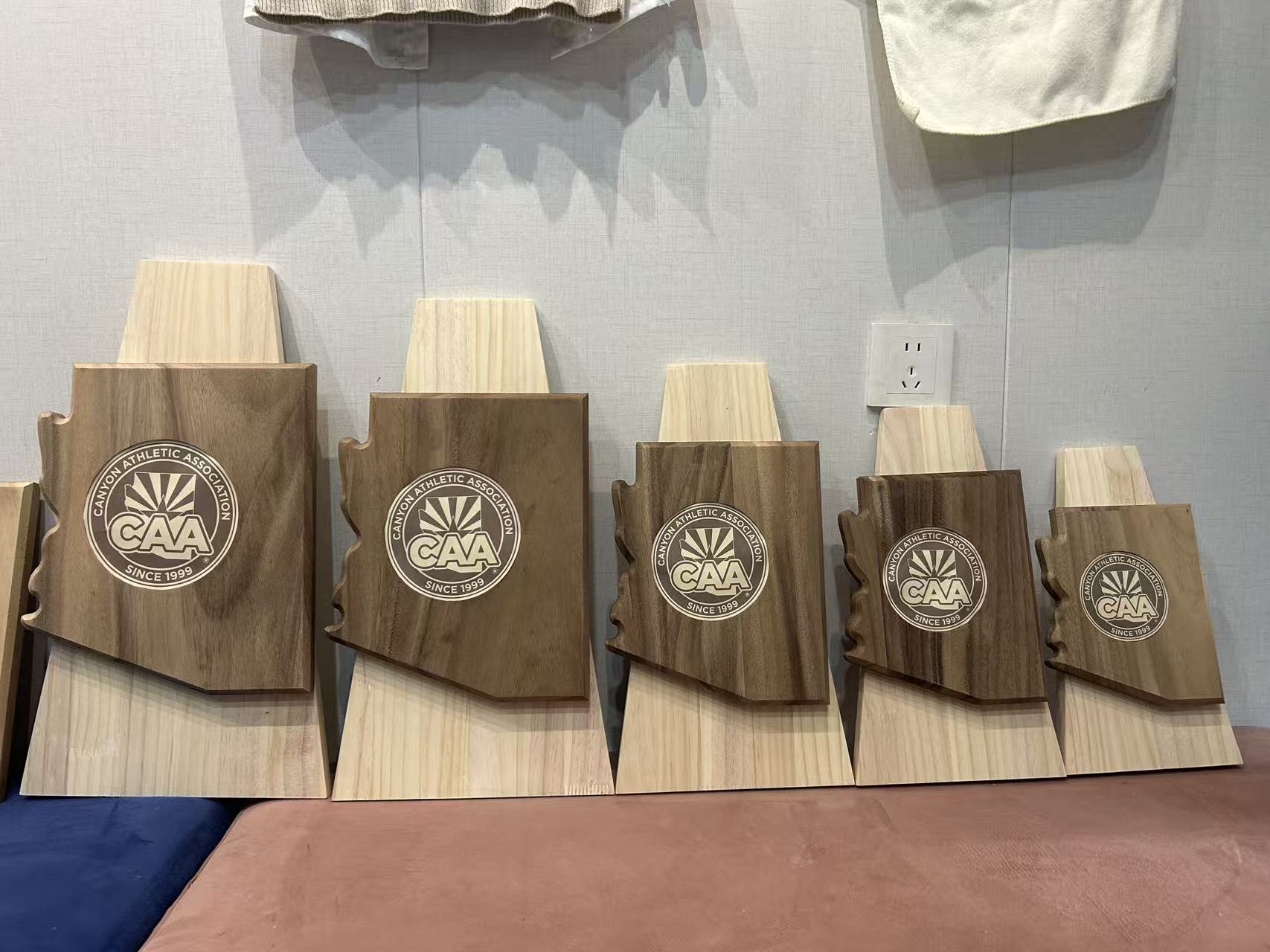 CAA award series with shaped wood fronts and circular logos