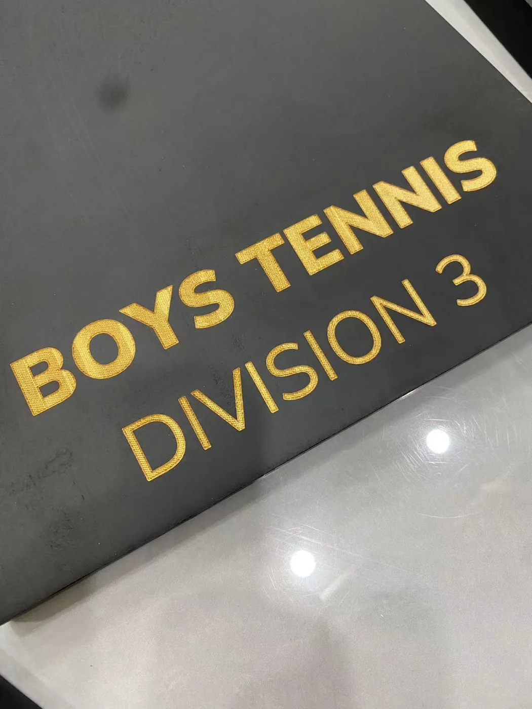 Sport and division wording on a trophy base.