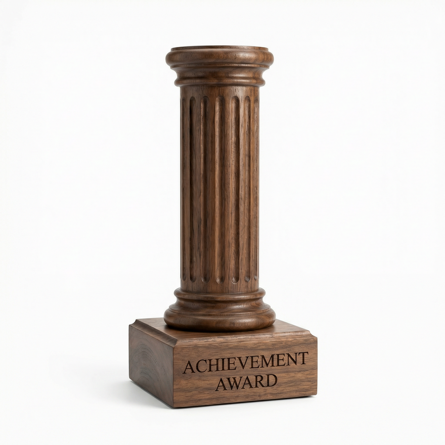 Shaped wood trophy and base example