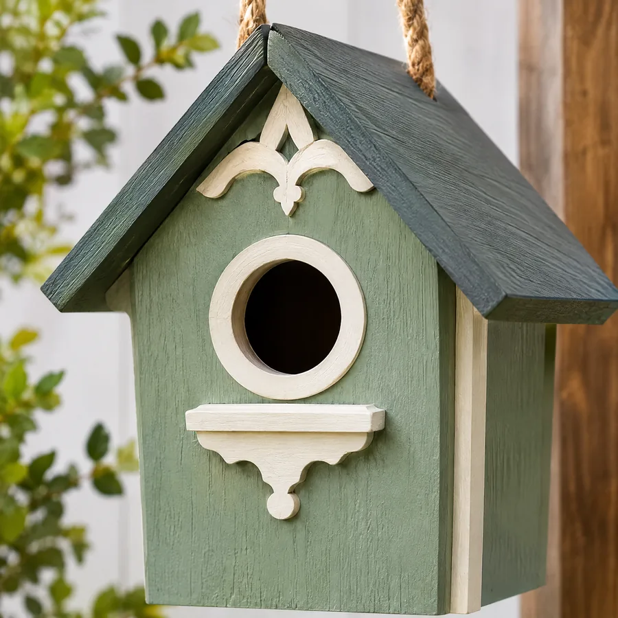 Unbranded decorative birdhouse entrance detail on a hanging garden house