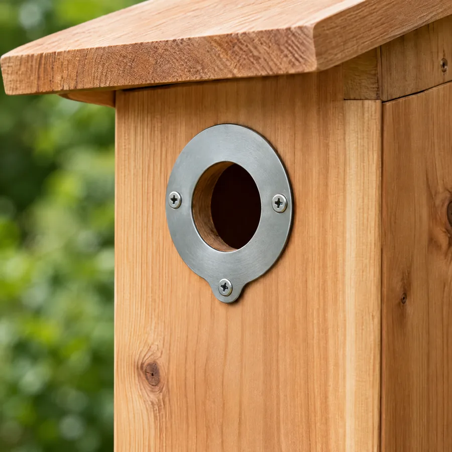 Unbranded metal portal guard at a round nest box entrance