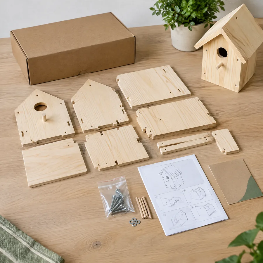 Unbranded flat-pack wooden birdhouse DIY kit with pre-cut parts