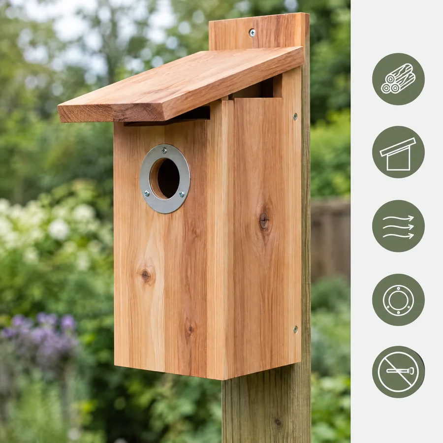 Unbranded cedar functional-style nest box with round entrance and no exterior perch