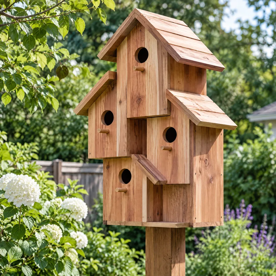 Unbranded natural wood multi-compartment bird house with multiple separate entrances