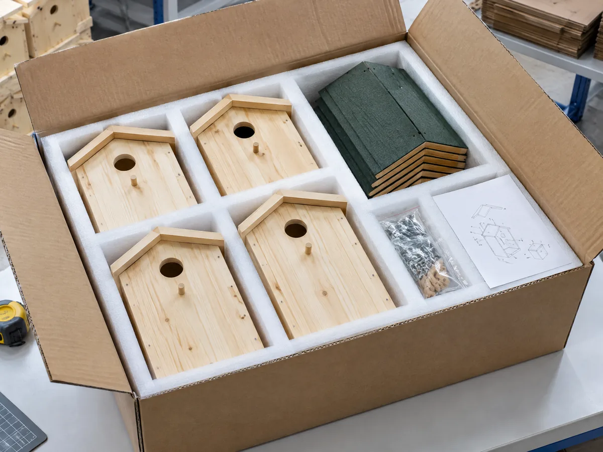 Unbranded wooden birdhouse parts protected by custom EPE foam and packed inside a corrugated shipping carton