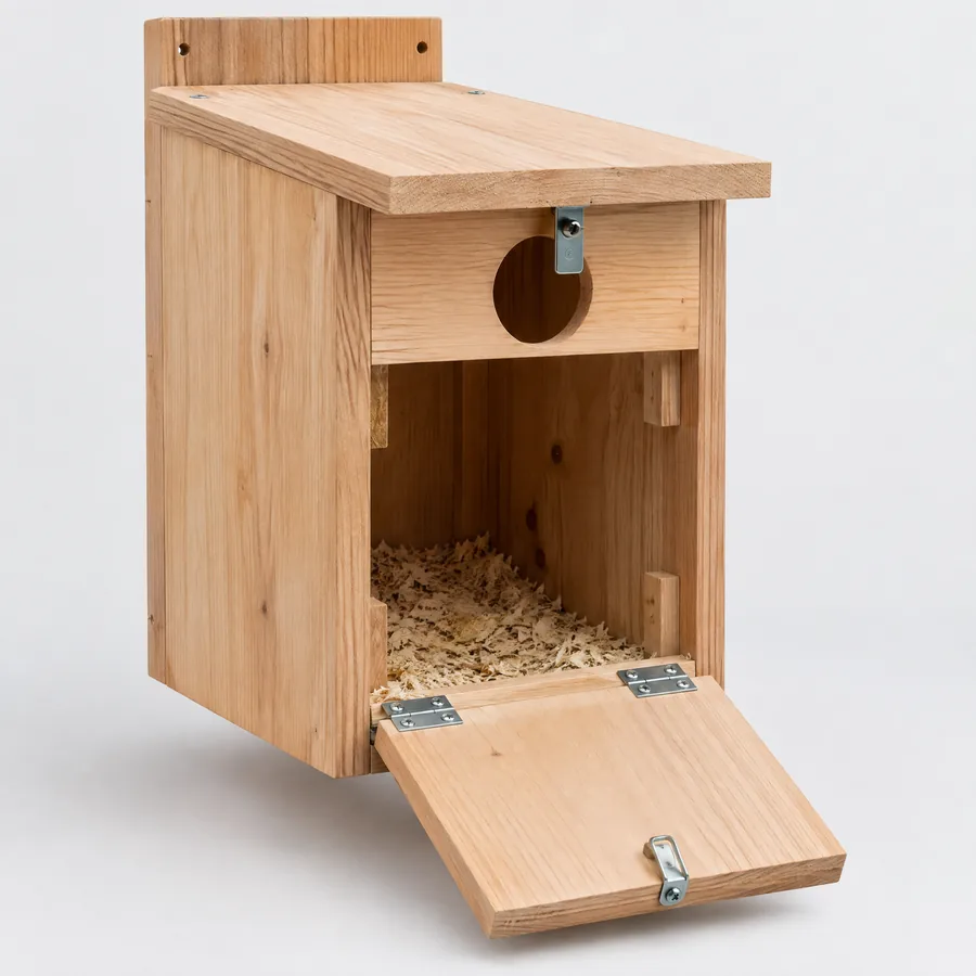 Unbranded wooden nest box with hinged clean-out access panel