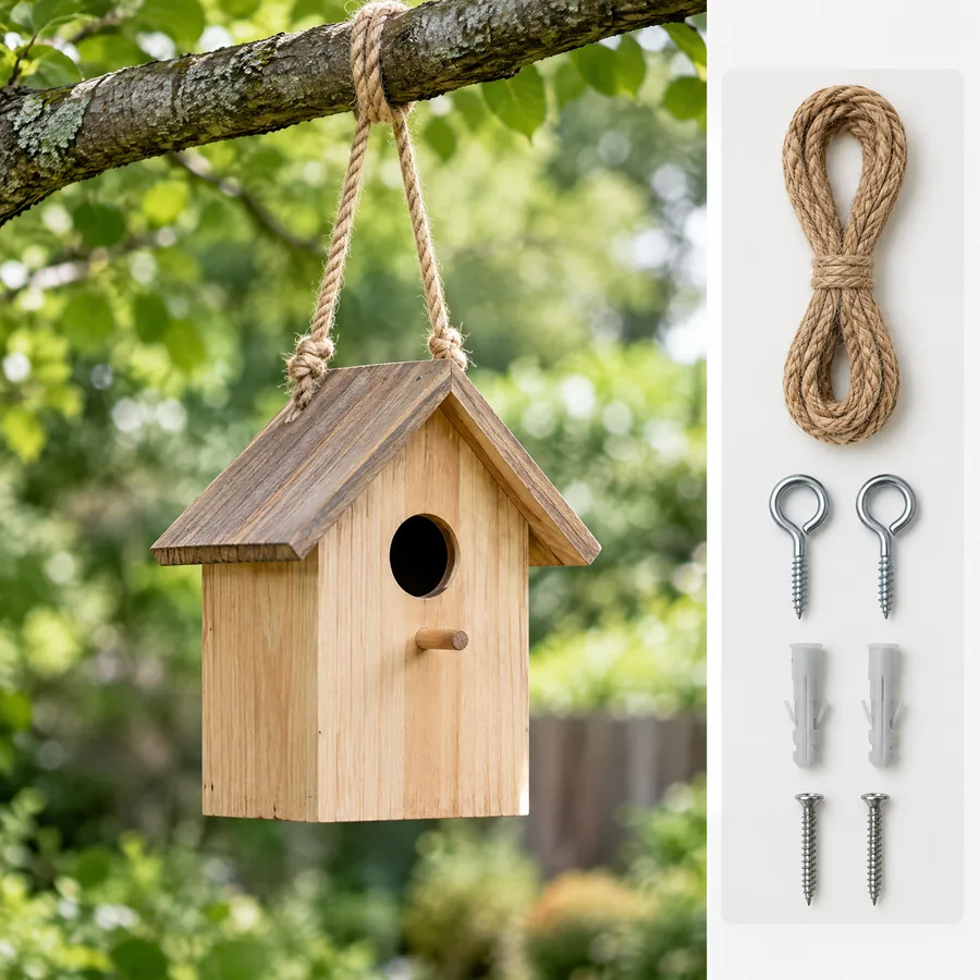 Unbranded decorative wooden bird house suspended from a rope hanger