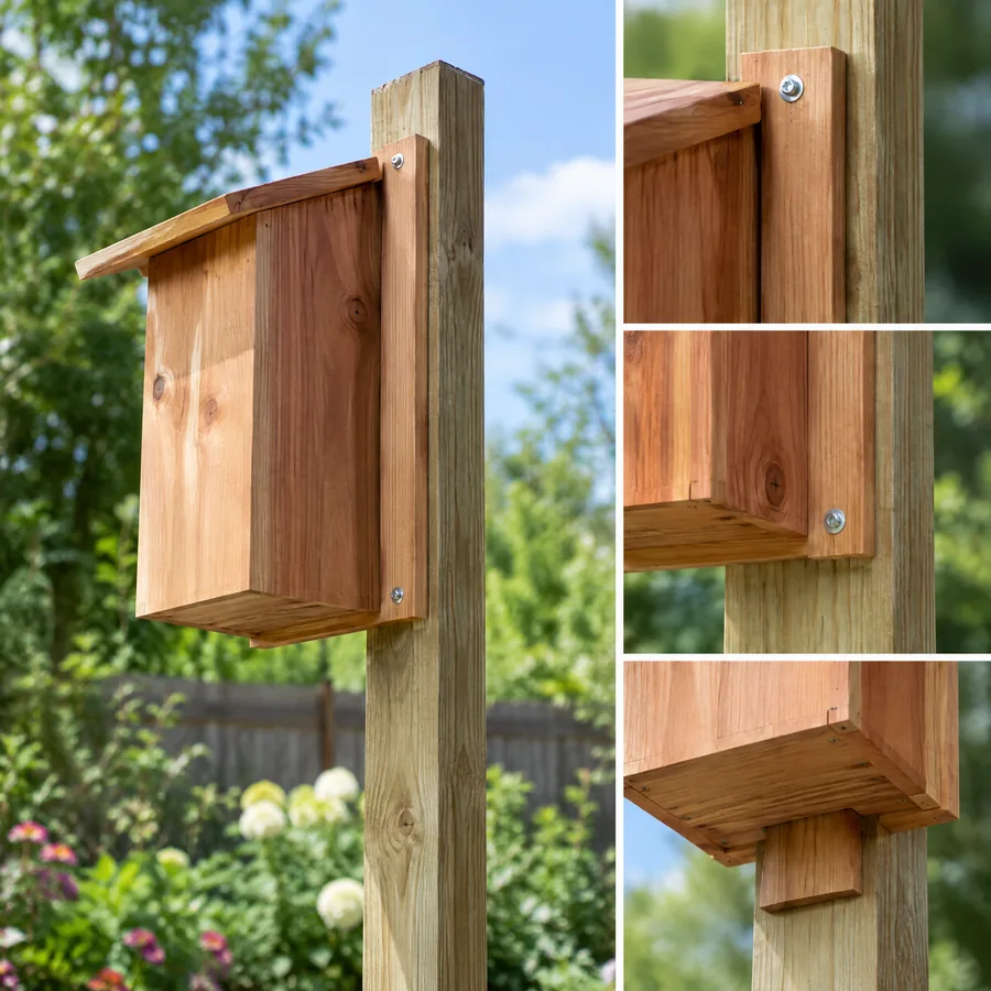 Unbranded cedar nest box with post mounting direction