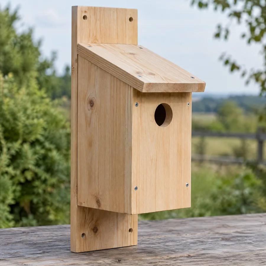 Unbranded wooden bird house with extended rear mounting board