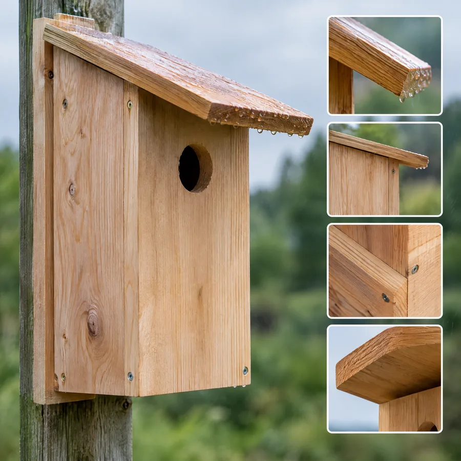 Unbranded wooden nest box with sloped overhanging roof detail