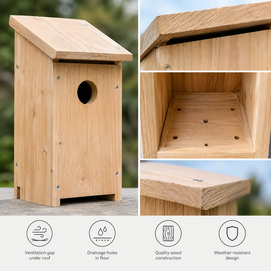 Unbranded wooden nest box ventilation and drainage detail