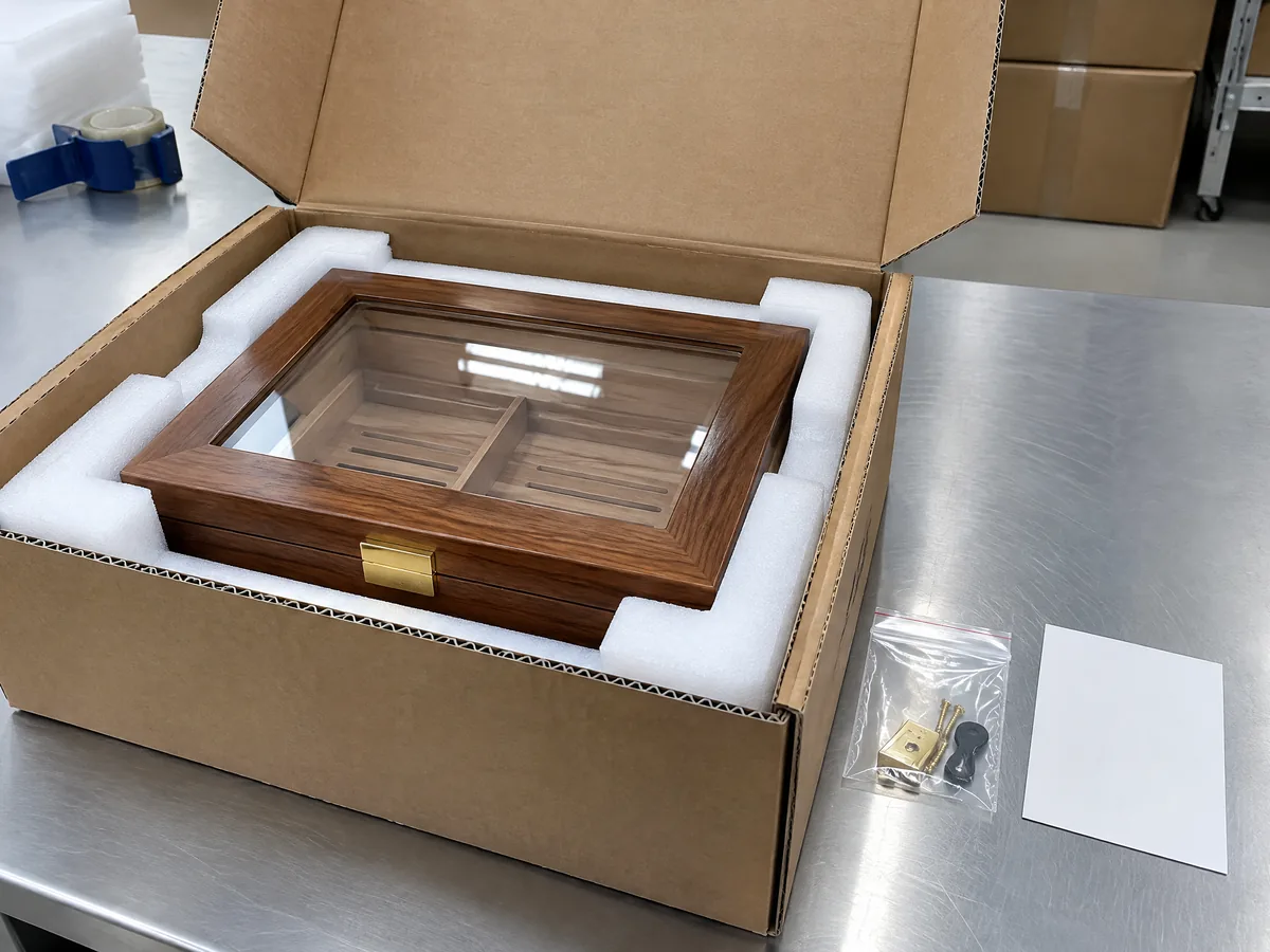 Unbranded custom wood cigar box protected in shaped EPE foam inside a corrugated shipping carton