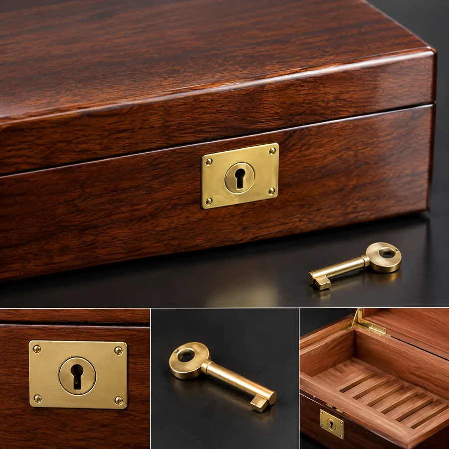 Unbranded wooden cigar case with key lock detail