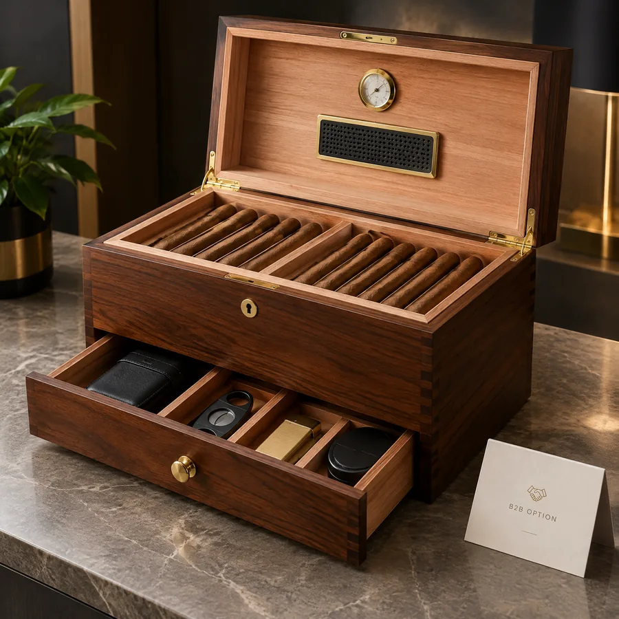 Unbranded wooden cigar storage case with accessory drawer