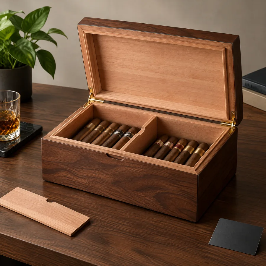Unbranded desktop wooden cigar humidor with cedar interior and divider
