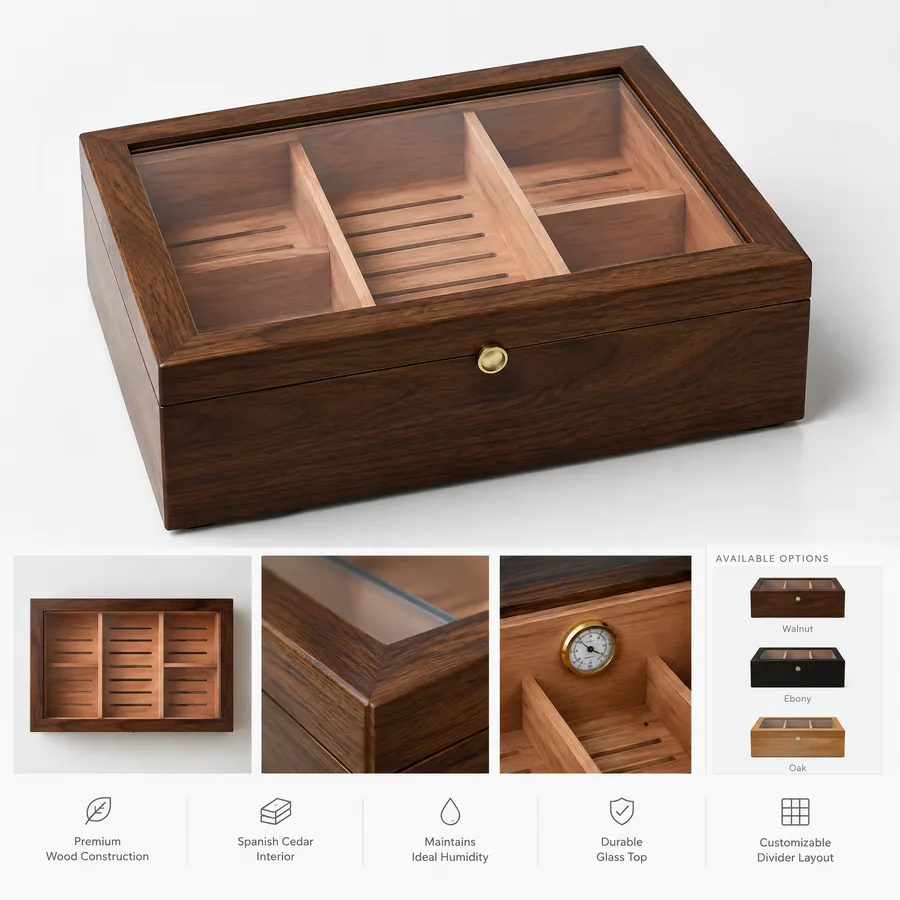 Unbranded wood cigar humidor with glass top and cedar divider layout