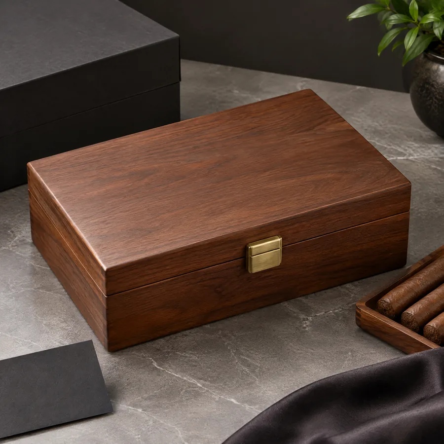 Unbranded walnut wood cigar presentation gift box with brass latch