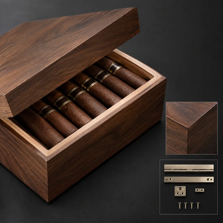 Unbranded wooden cigar presentation box with concealed hinge direction