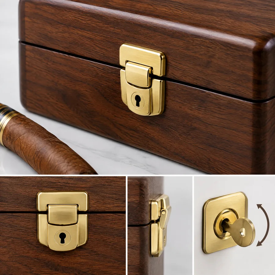 Unbranded brass presentation latch on a wooden cigar case