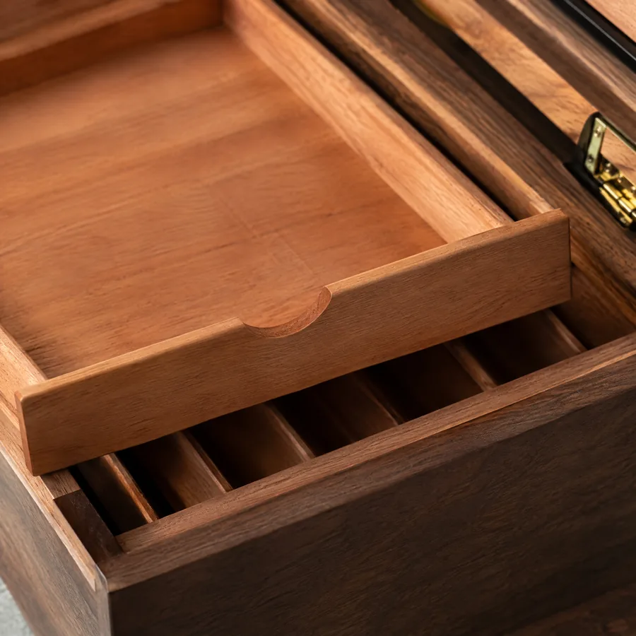 Unbranded removable cedar tray inside a wood cigar humidor