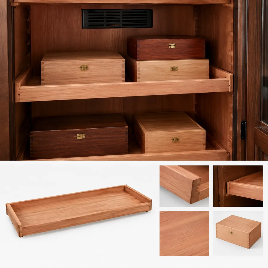 Unbranded cedar shelf layout for boxed cigar storage