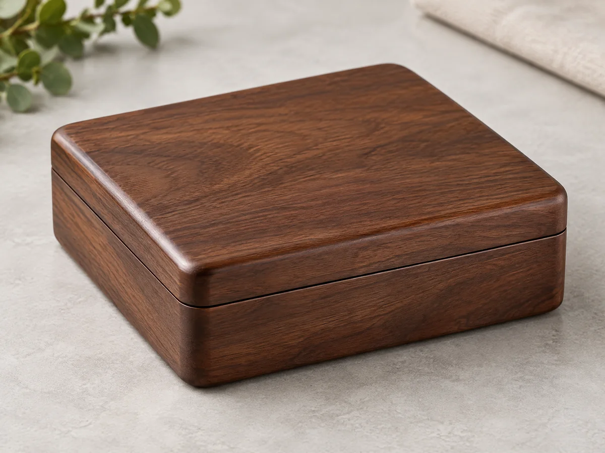 Walnut coin case with concealed magnetic closure seam