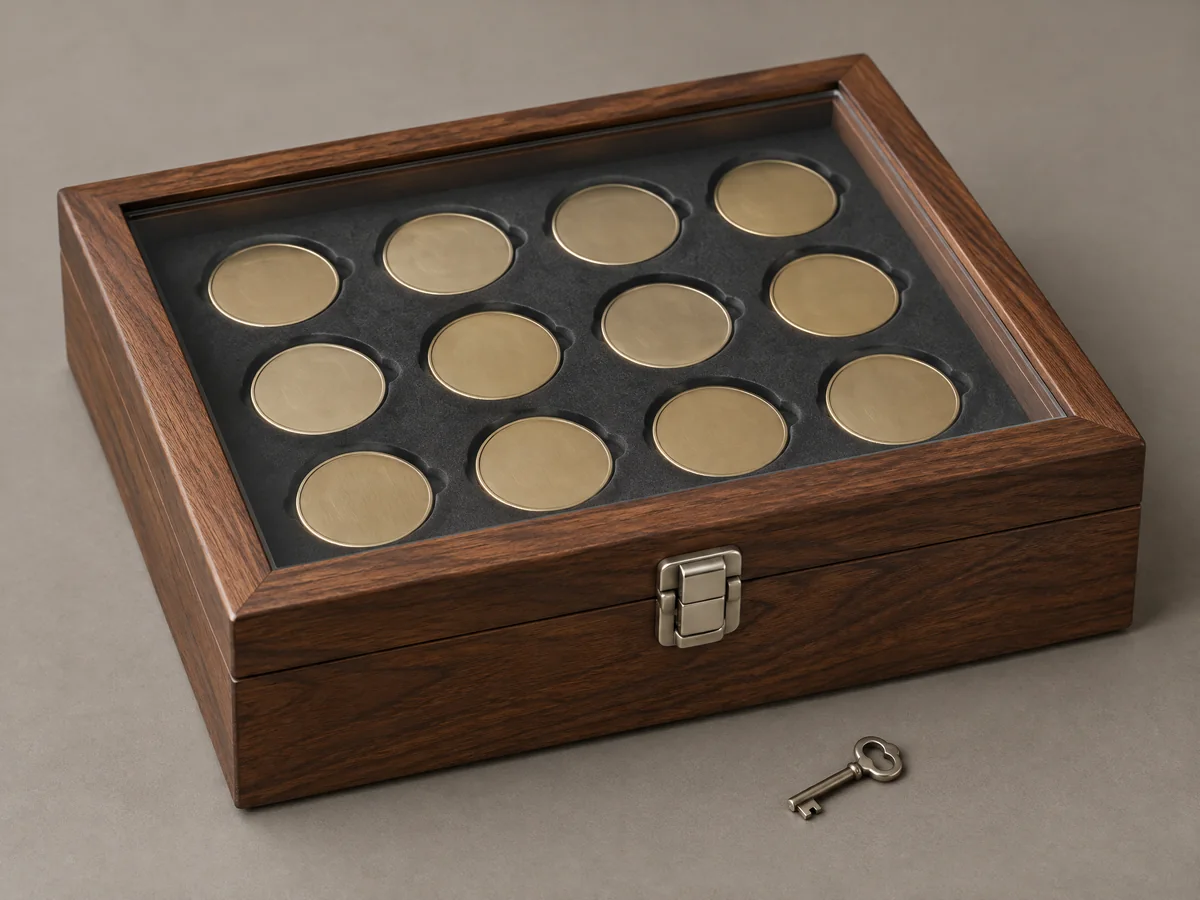 Keyed latch on a transparent-lid walnut coin display case