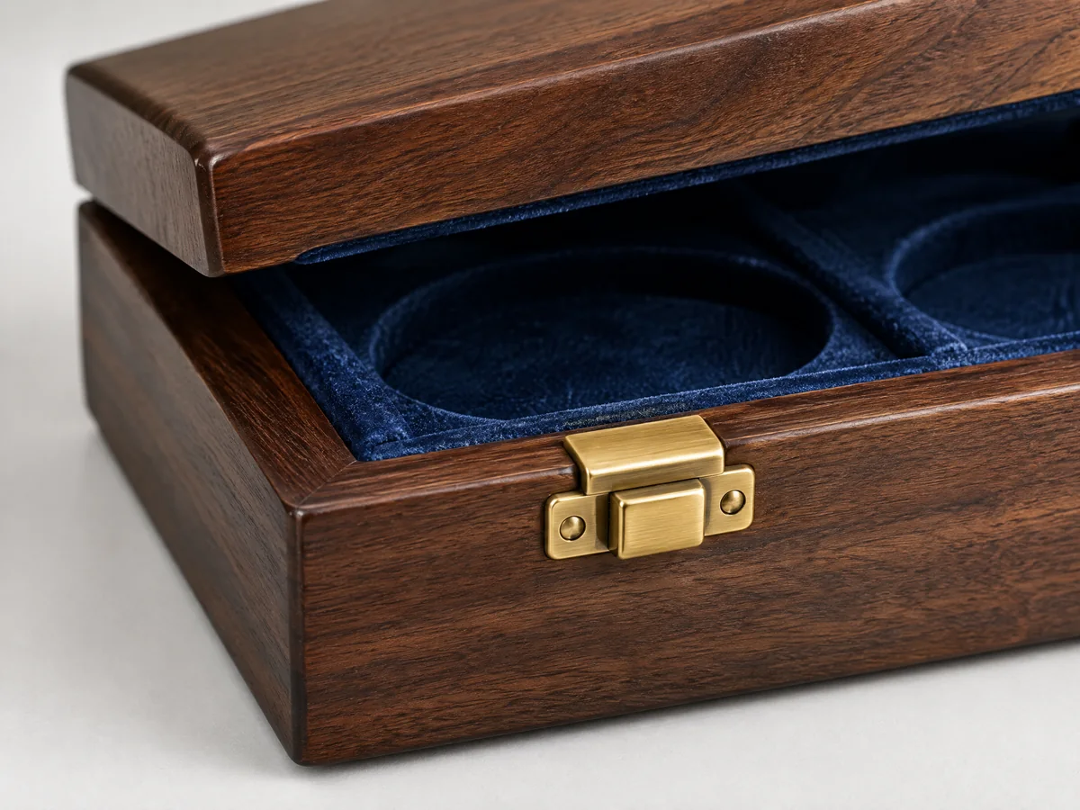 Mechanical snap catch on a walnut coin case