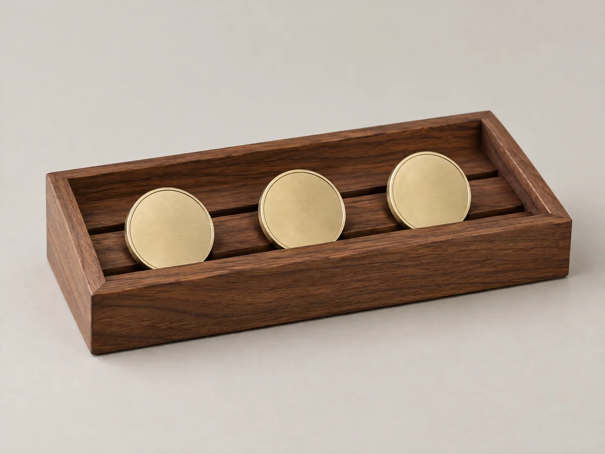 Open walnut coin display tray without a closure