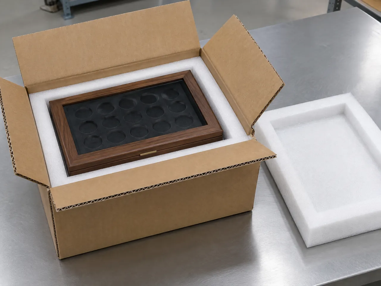 Custom wood coin case protected in a precision-cut EPE foam cavity with a corrugated shipping carton