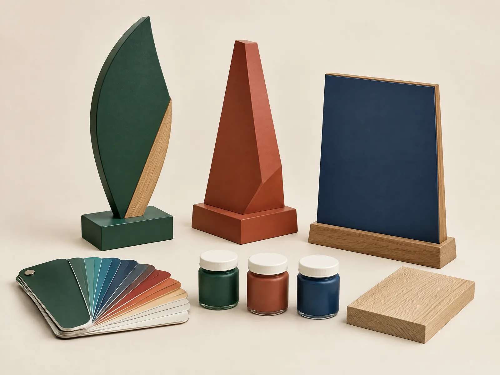 Custom painted wood trophy components with unbranded colour swatches, coating samples and raw wood reference