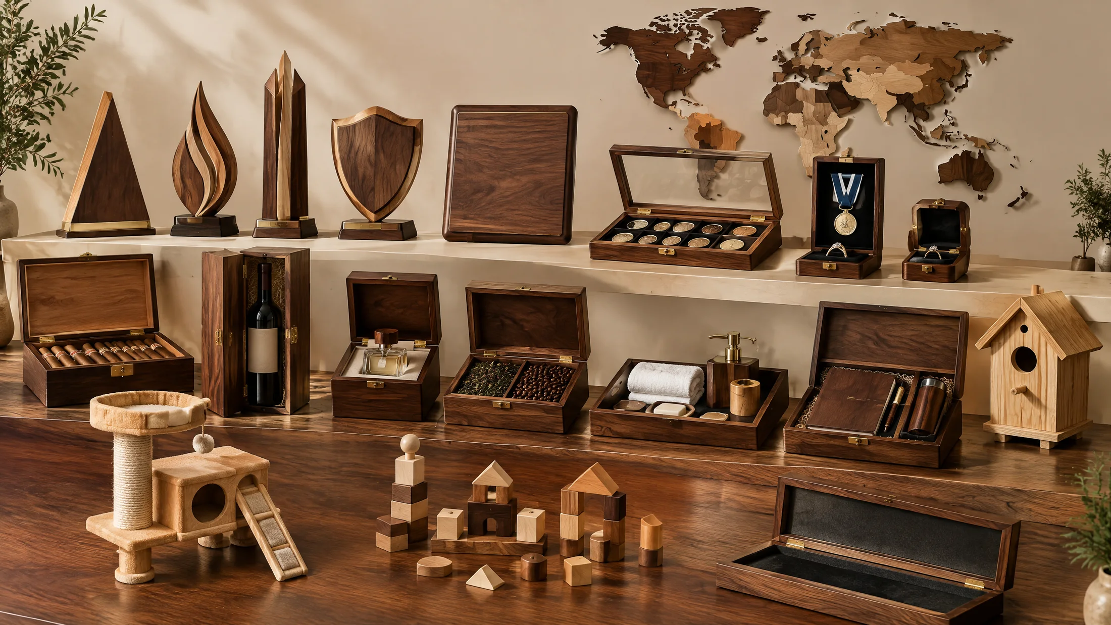 A family portrait of factory-direct custom wood products including awards, display cases, gift boxes, pet furniture, learning products, and wood wall decor