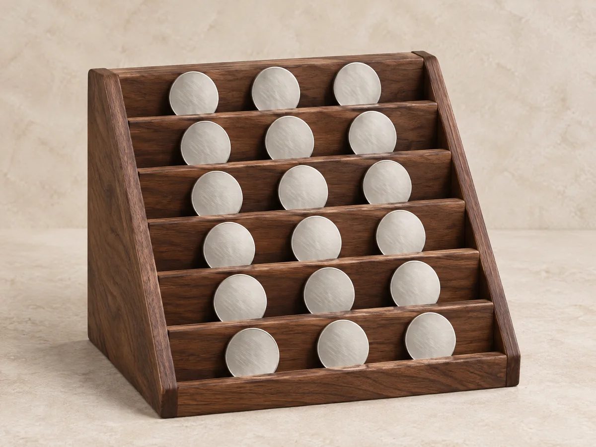 Walnut desktop groove rack with blank generic medallions
