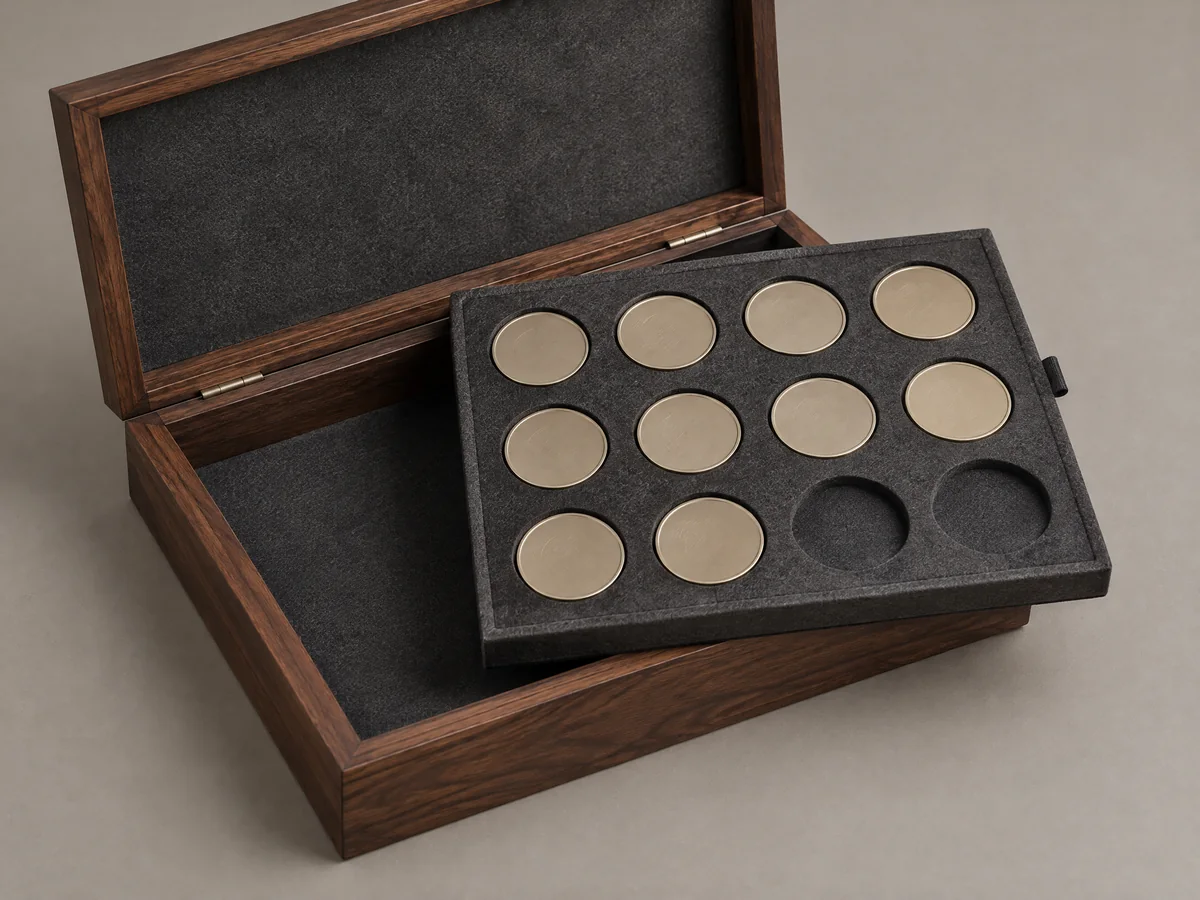 Walnut multi-coin tray case with removable felt insert