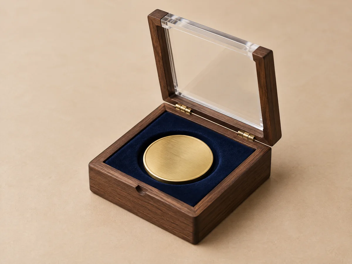 Walnut single-coin presentation box with clear lid