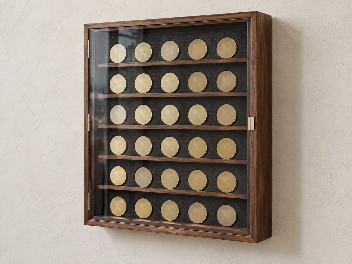 Wall-mounted walnut coin display cabinet with transparent door