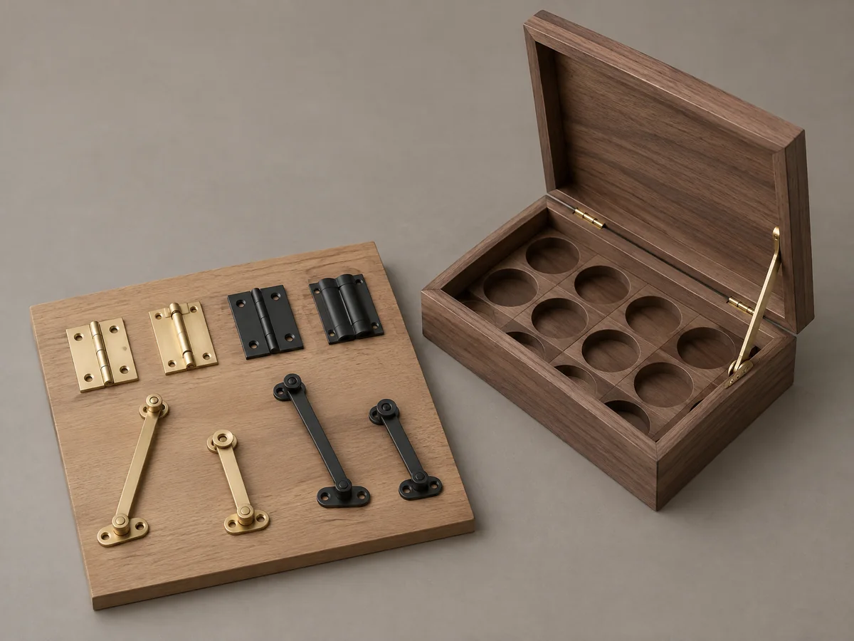Unbranded hinge and lid support selection board beside a coin case