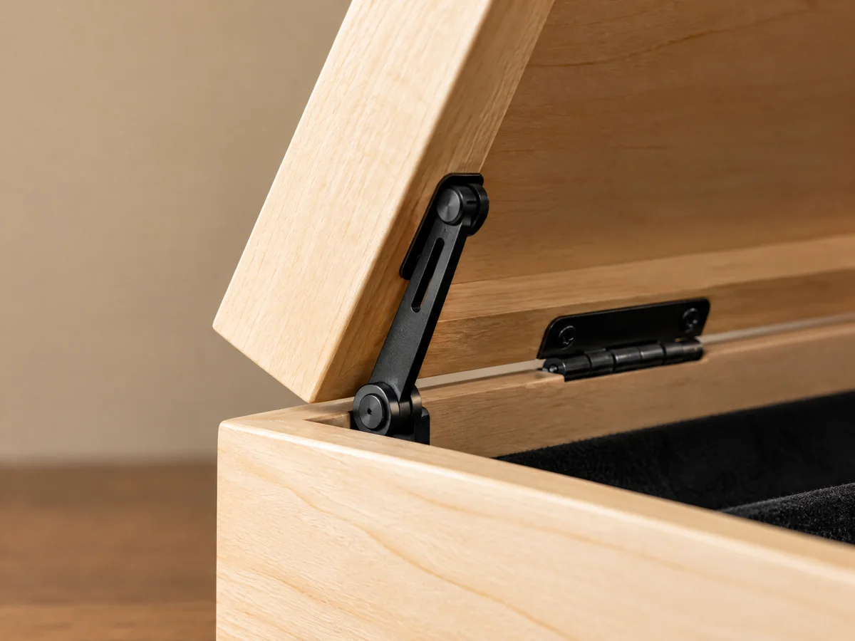 Compact black lid stay in a maple wood coin case