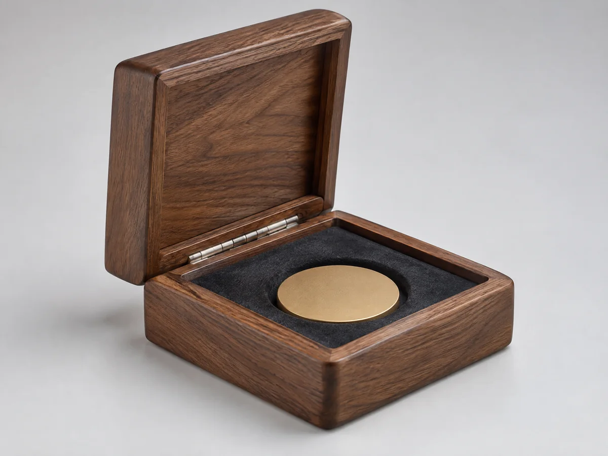 Concealed hinge inside a walnut coin presentation case