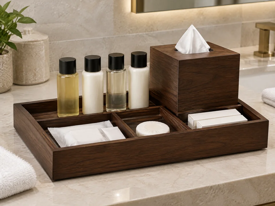 Custom wooden hotel bathroom amenity tray