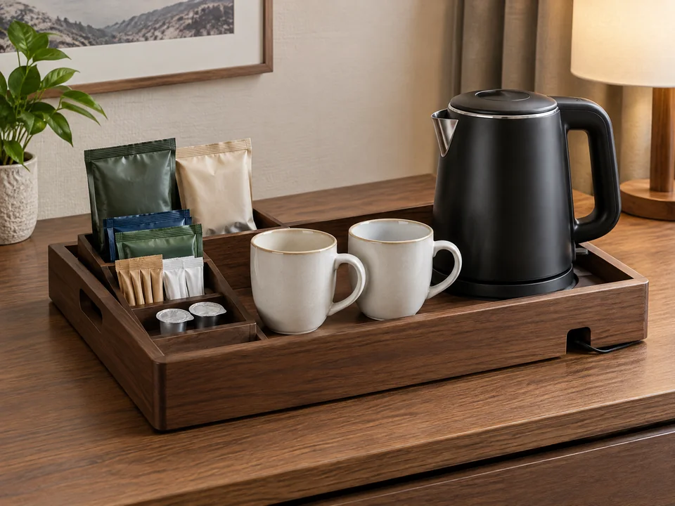 Custom wooden hotel coffee and tea presentation tray