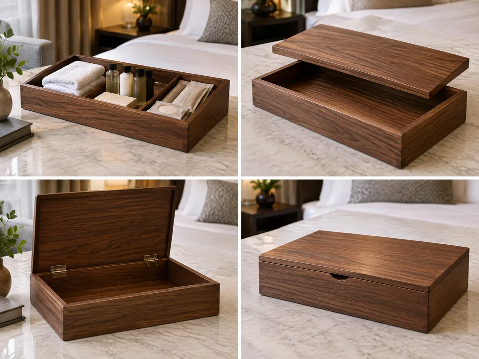 Custom hotel amenity tray cover and closure options