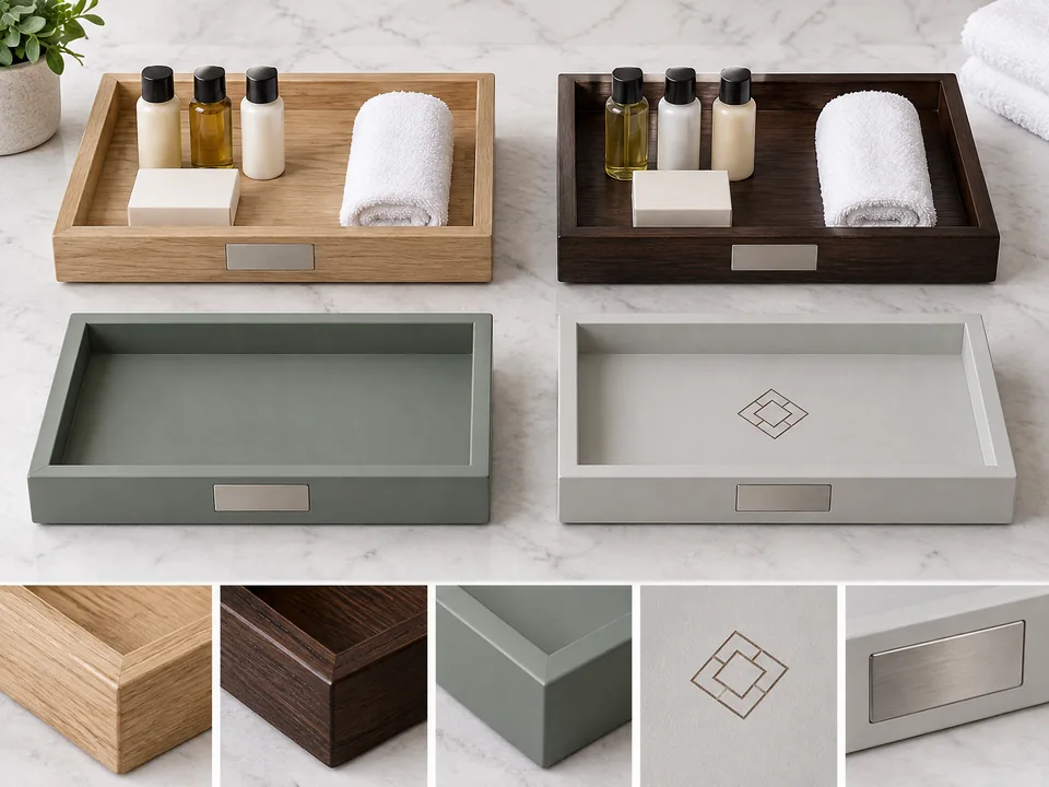 Custom hotel amenity tray surface and brand options