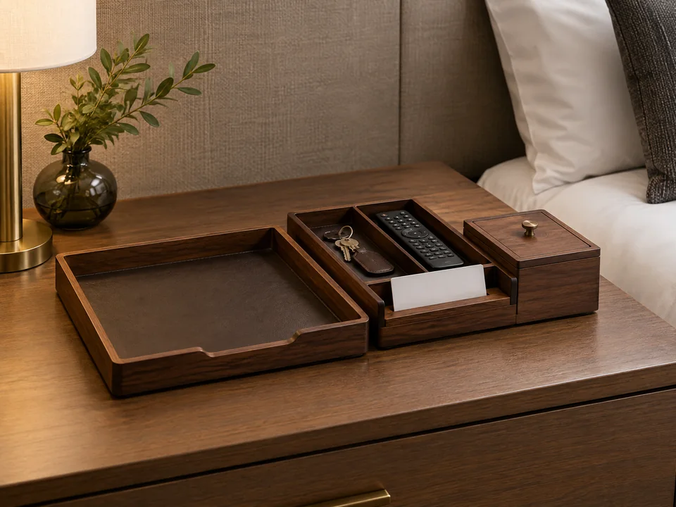 Custom wooden hotel welcome and valet tray system