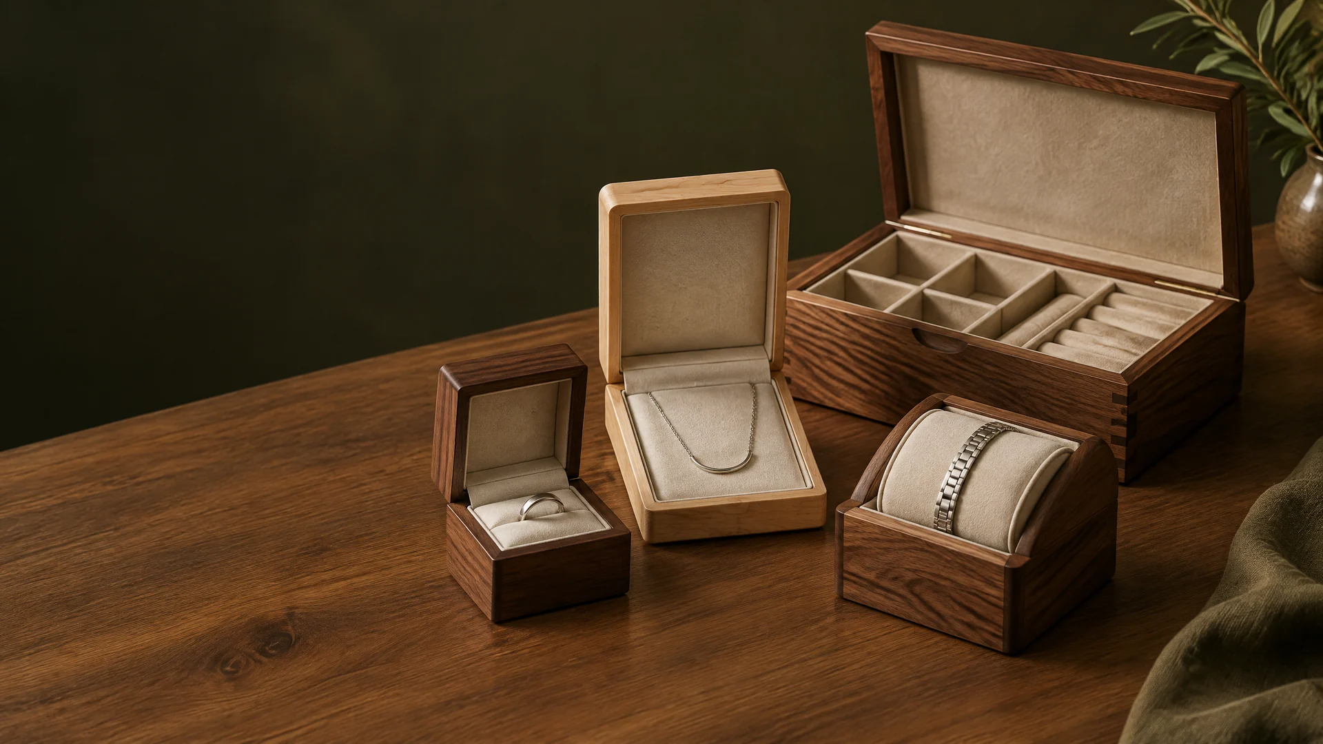 Unbranded custom wood jewelry box family including ring, necklace, bracelet and collection formats