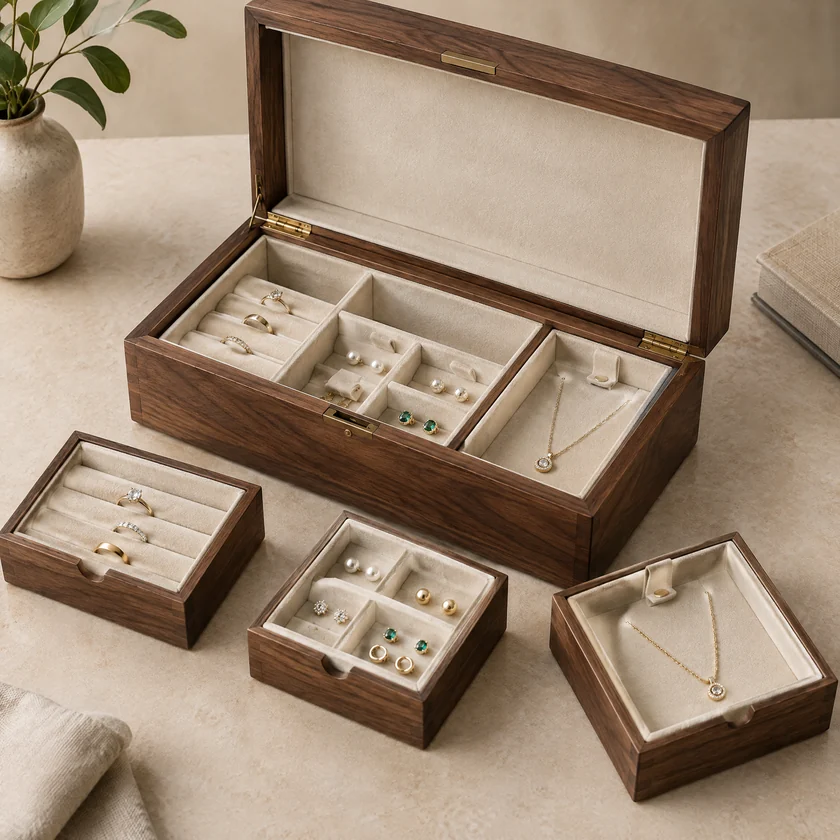 Unbranded walnut jewelry collection box with modular velvet compartments