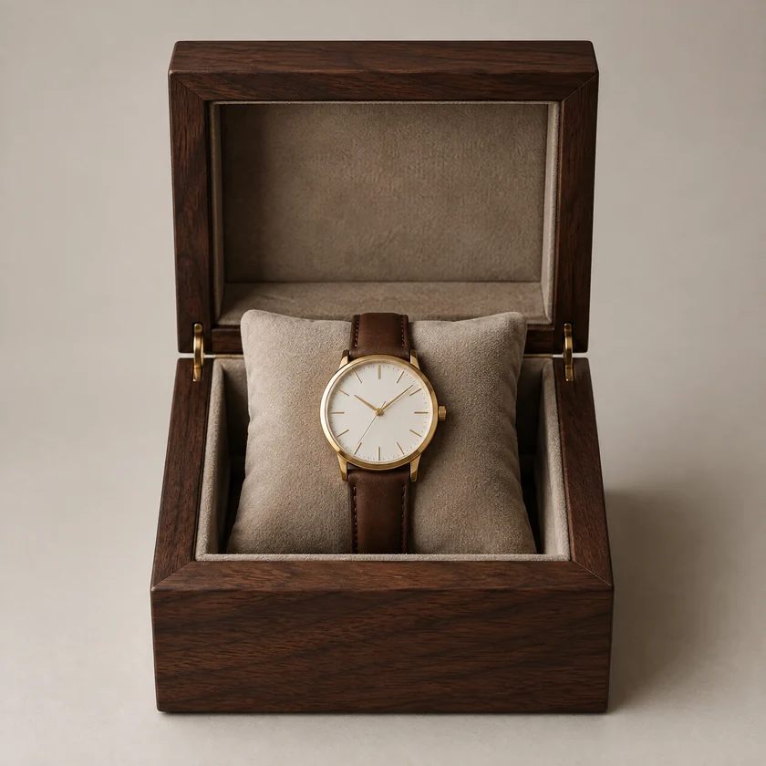 Unbranded walnut watch and bracelet box with a velvet pillow