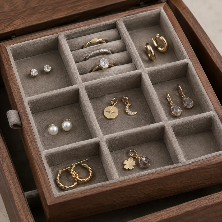 Removable velvet-lined jewelry tray with separate small cells