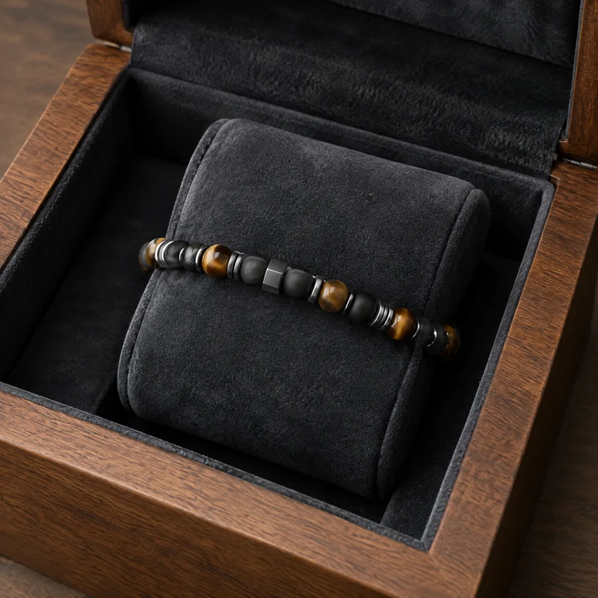 Velvet watch and bracelet pillow inside a custom wood box