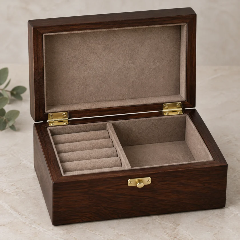 Unbranded brass hinge and catch on an open dark wood jewelry box